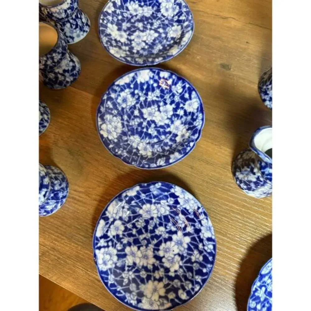 Victoria Ware Stoneware Small‎ Tea Cups Saucers Sugar Creamer Cobalt Flue Floral
